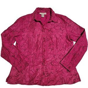 Sag Harbor‎ Button-Down Shacket, Suede Like with black embroidery, Size Petite